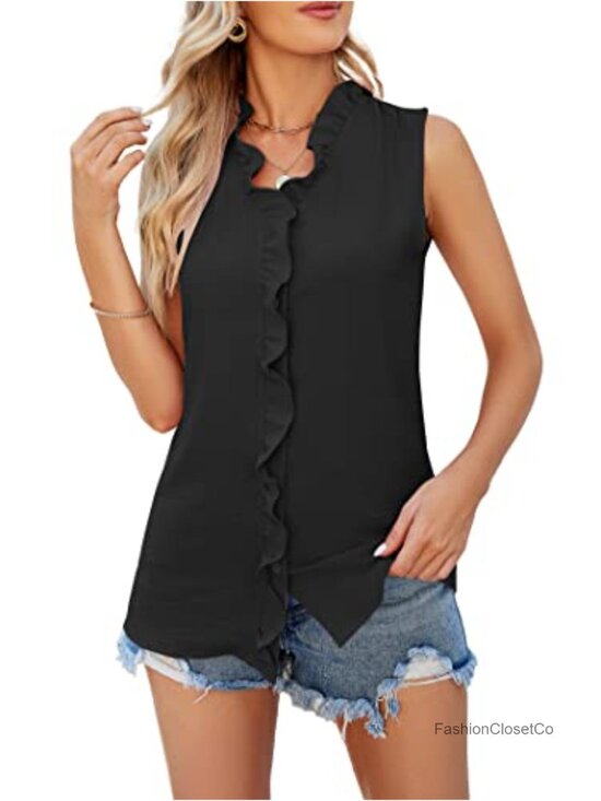 Tops - Women's Ruffle Tank Top V Neck Sleeveless Blouse with Button Front